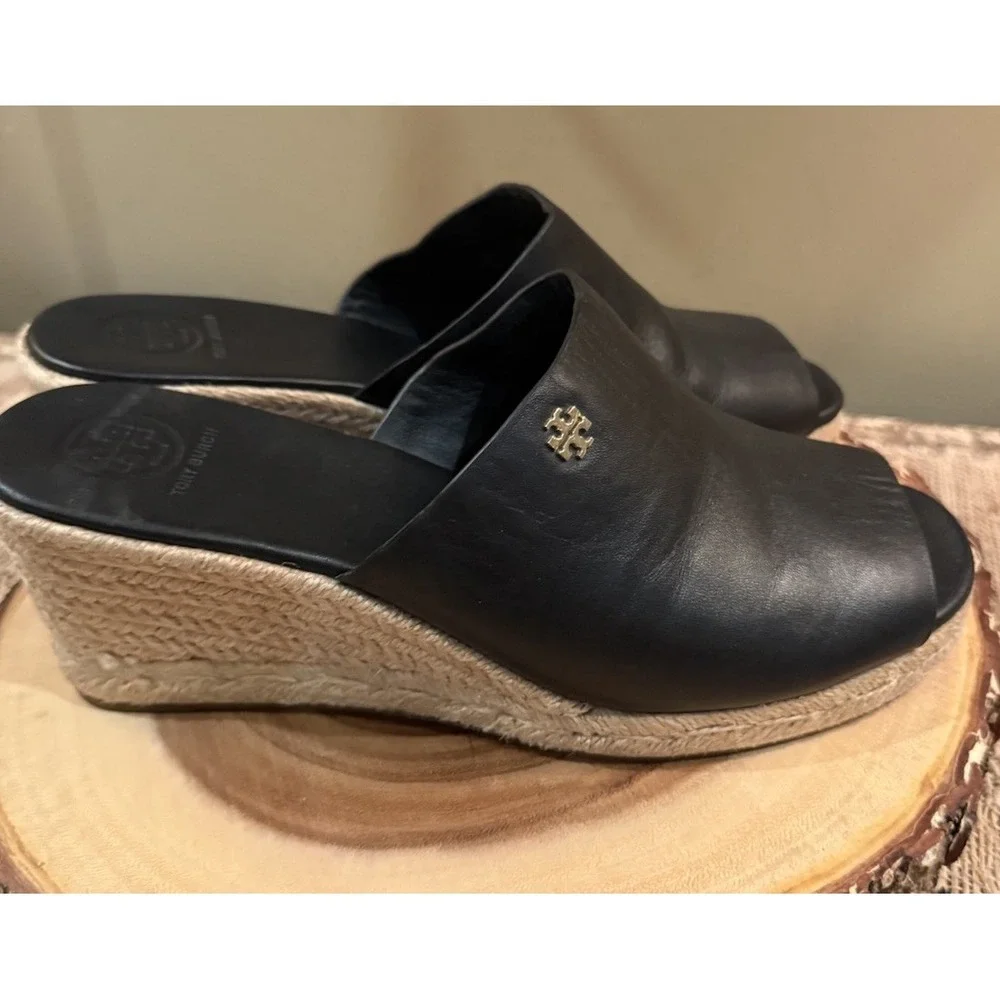 TORY‎ BURCH Landon Espadrille Black Leather Wedge Sandals Shoes Size 8M $295